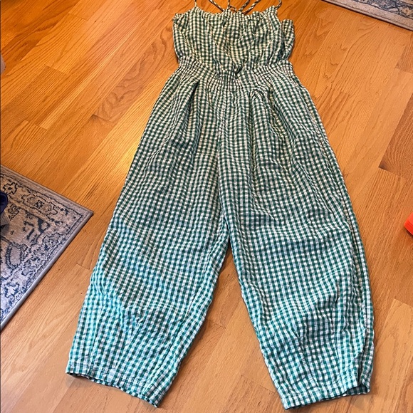 Free People Pants - Free people retro heatwave one piece jumpsuit green/white gingham size L